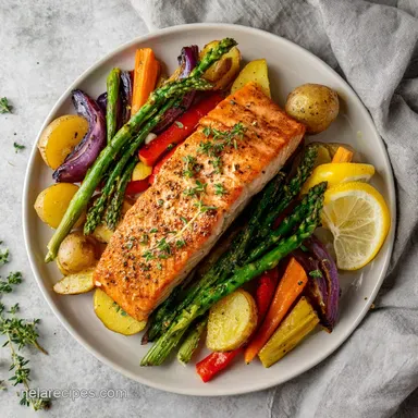 Simple One Pan Baked Salmon and Veggies in 25 Minutes Recipe Card