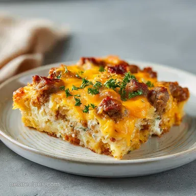 Sausage Egg Hashbrown Bake for 8 Servings Recipe Card