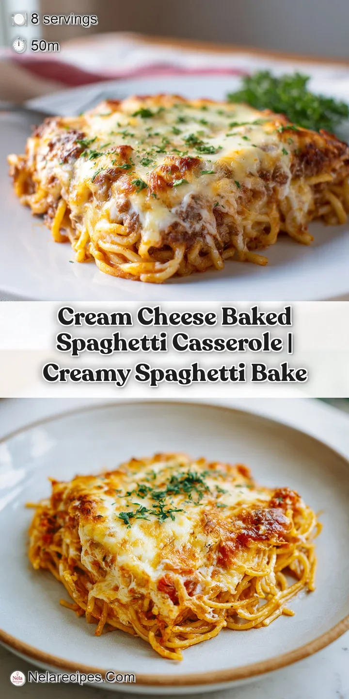Close-up of tender spaghetti strands coated in rich, creamy sauce and melted, golden-brown cheese topping.