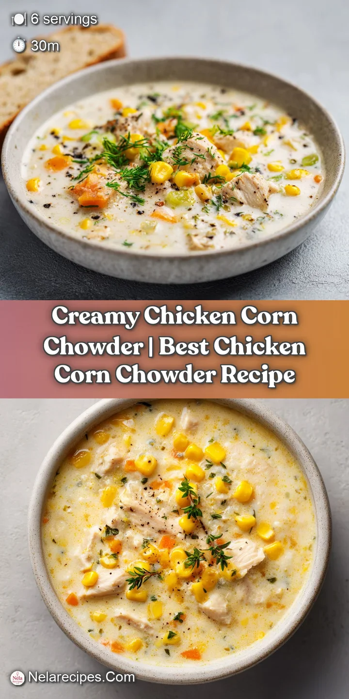 Close-up of velvety chicken corn chowder, showcasing golden corn kernels and shredded chicken in a rich, opaque broth.