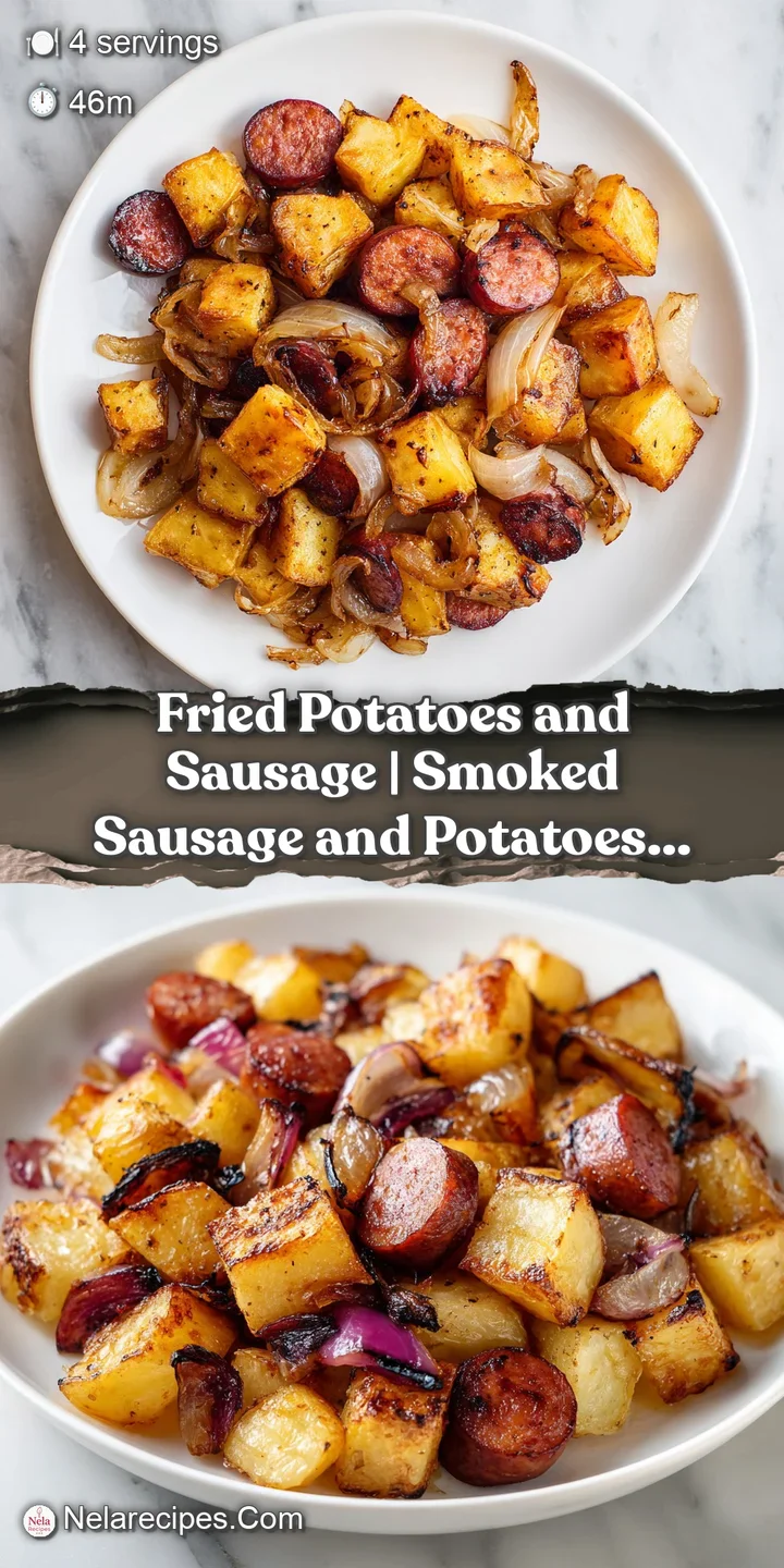 Extreme close-up of sizzling, browned sausage rounds and glistening crispy potato edges with a hint of steam rising.