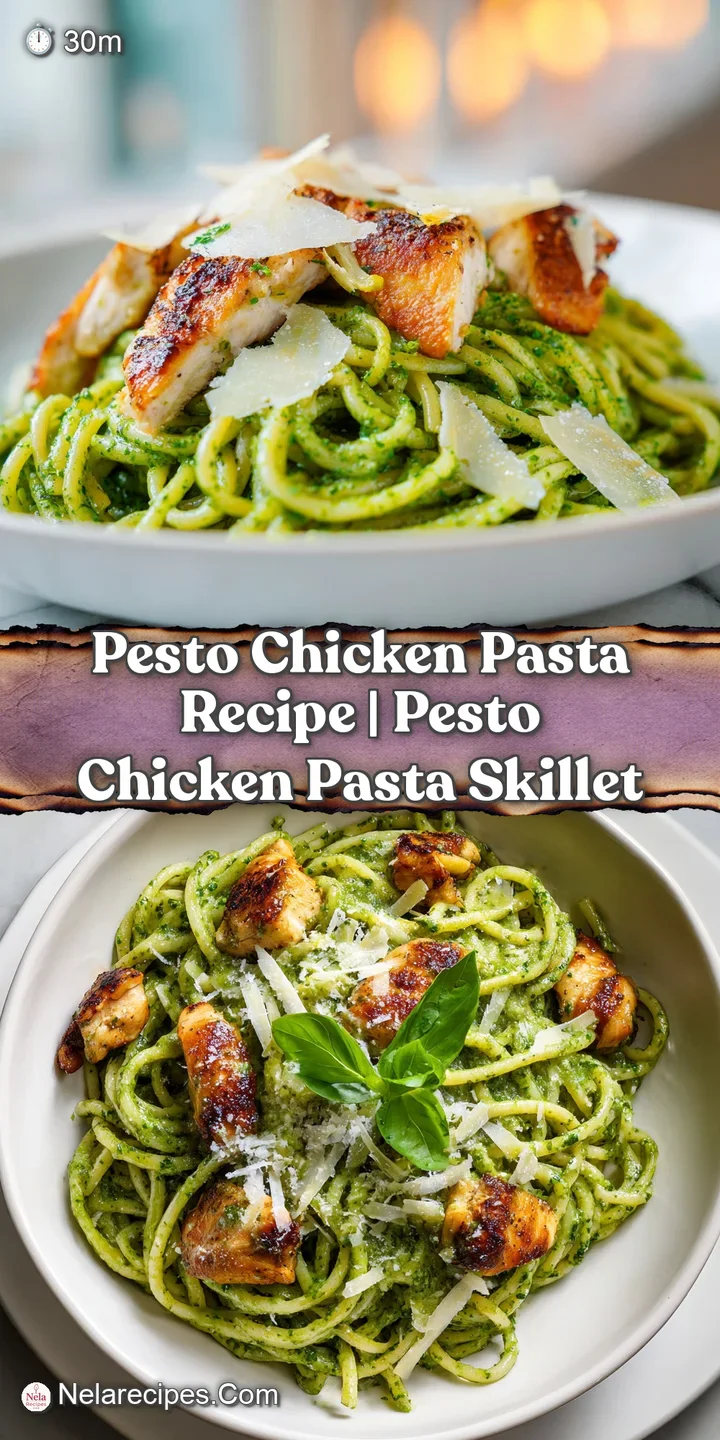 Macro shot of glossy, creamy green pesto coating al dente pasta and juicy chicken with melting cheese shavings.