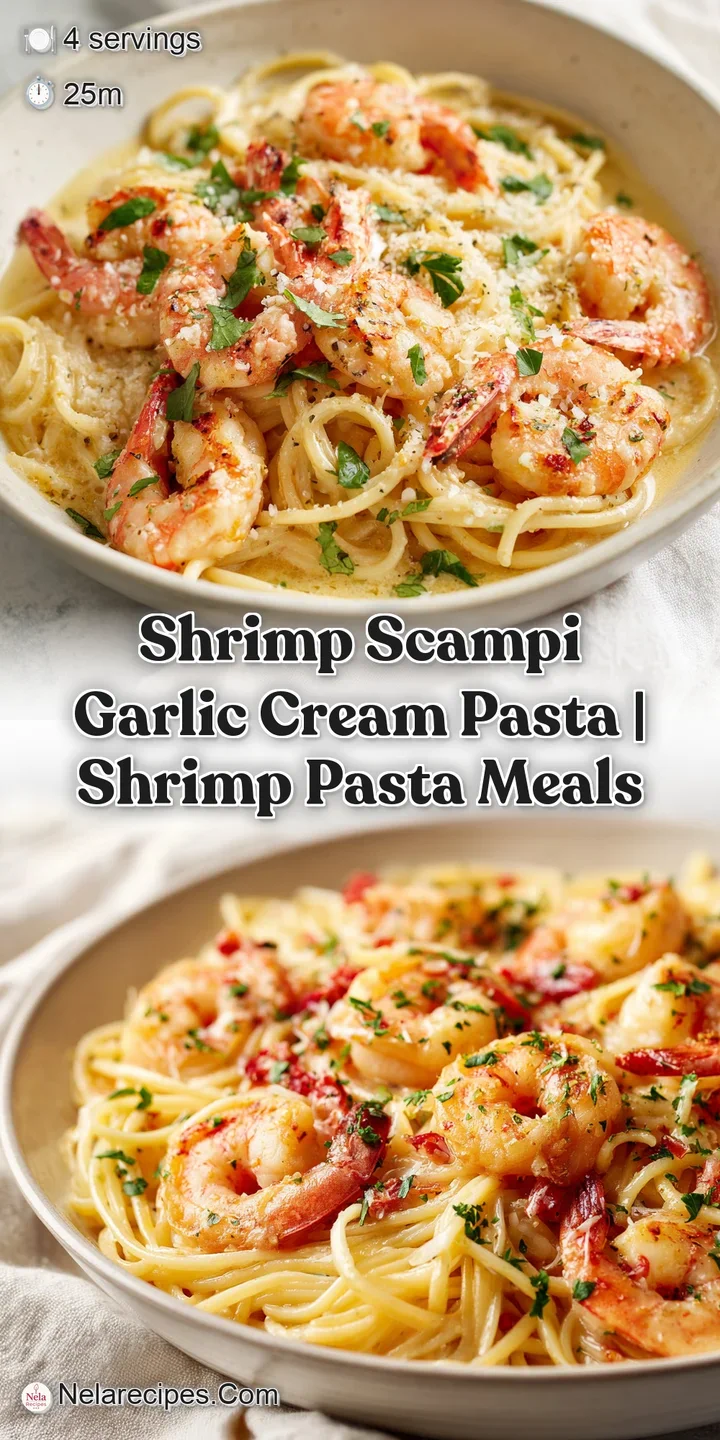 Close-up of tender, succulent shrimp coated in rich, velvety garlic cream sauce.