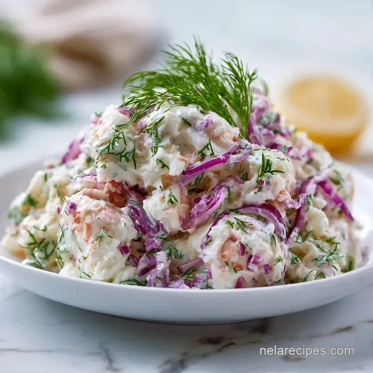 A neat scoop of creamy seafood salad on a white plate, garnished with a bright lemon wedge and a sprig of fresh dill.