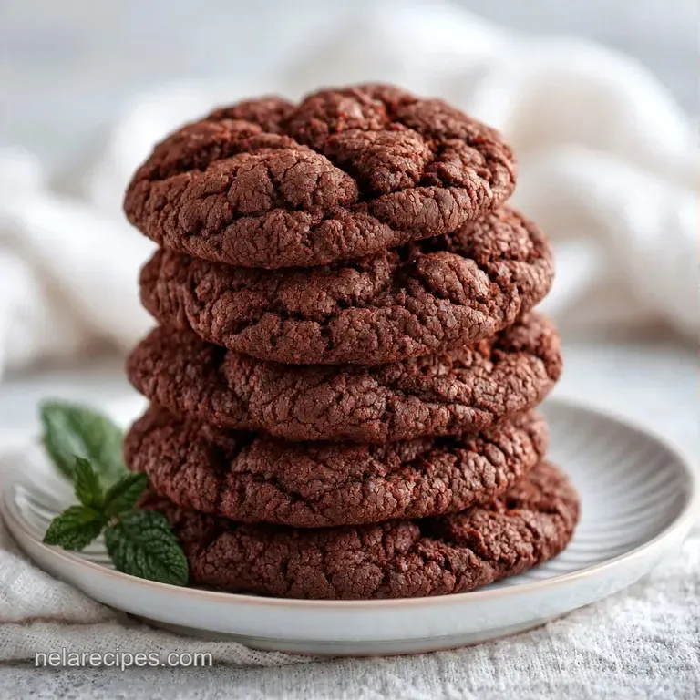 Rich cocoa-brown cookies stacked neatly on a white ceramic plate, paired with a glass of cold milk and berries.