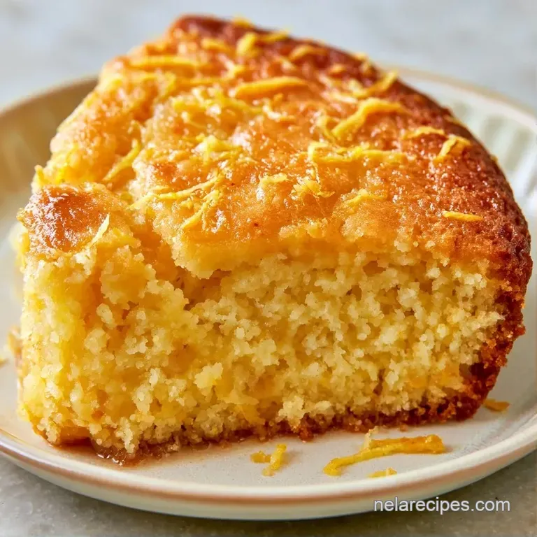 A slice of moist yellow cake on a white ceramic plate, accented by a creamy dollop and a fresh sprig of mint.