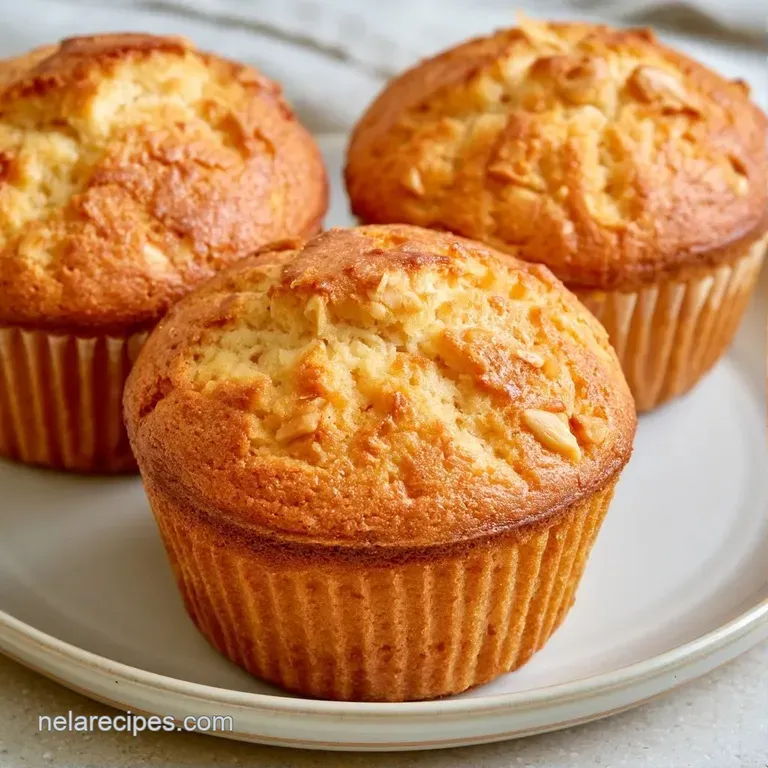 Warm, golden muffins stacked on a white ceramic plate garnished with fresh blueberries and a honey drizzle.