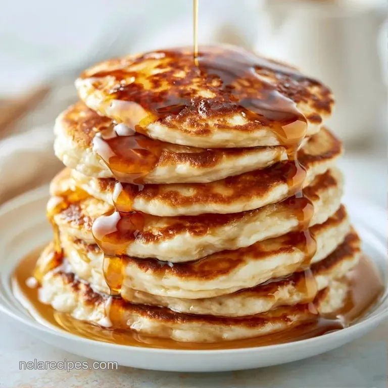 A neat stack of golden cakes on a white ceramic plate, garnished with sliced bananas and a dusting of powdered sugar.