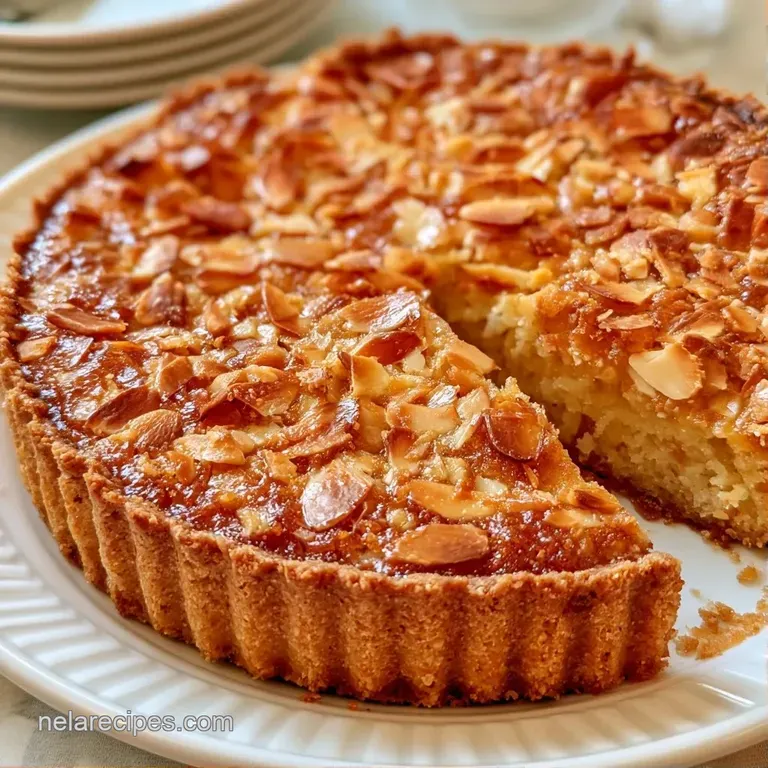 A pale gold, buttery tart shell on a white marble surface, accented by a dusting of cinnamon and raw almonds.