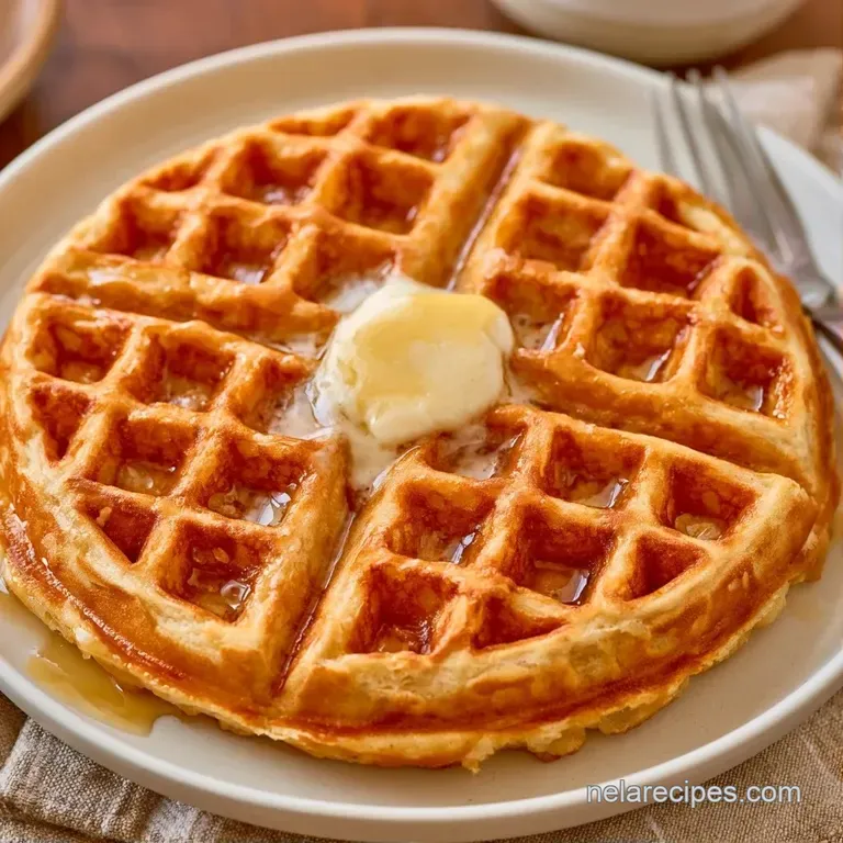 Stacked golden waffles on a white plate, topped with fresh raspberries, blueberries, and a drizzle of syrup.