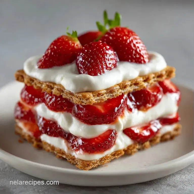 Sliced biscuits on a white plate topped with glossy red strawberries and a swirl of thick, velvety whipped cream.