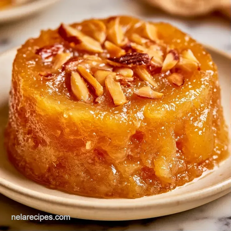 A smooth, saffron-colored dessert molded into a circle, garnished with almond flakes on a white ceramic plate.