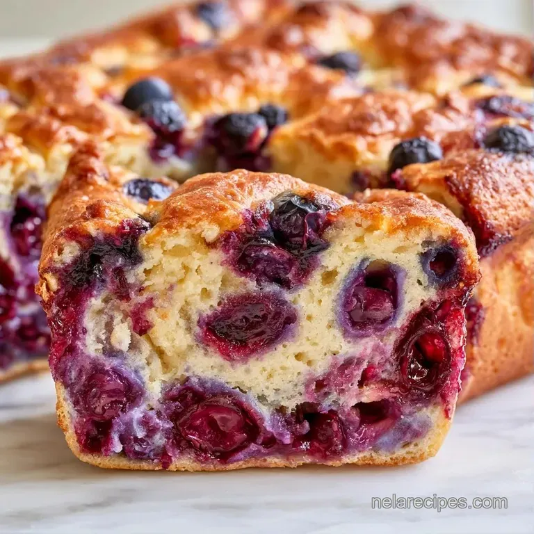 A square slice of creamy white cake topped with juicy blueberries on a white ceramic plate with a silver fork.