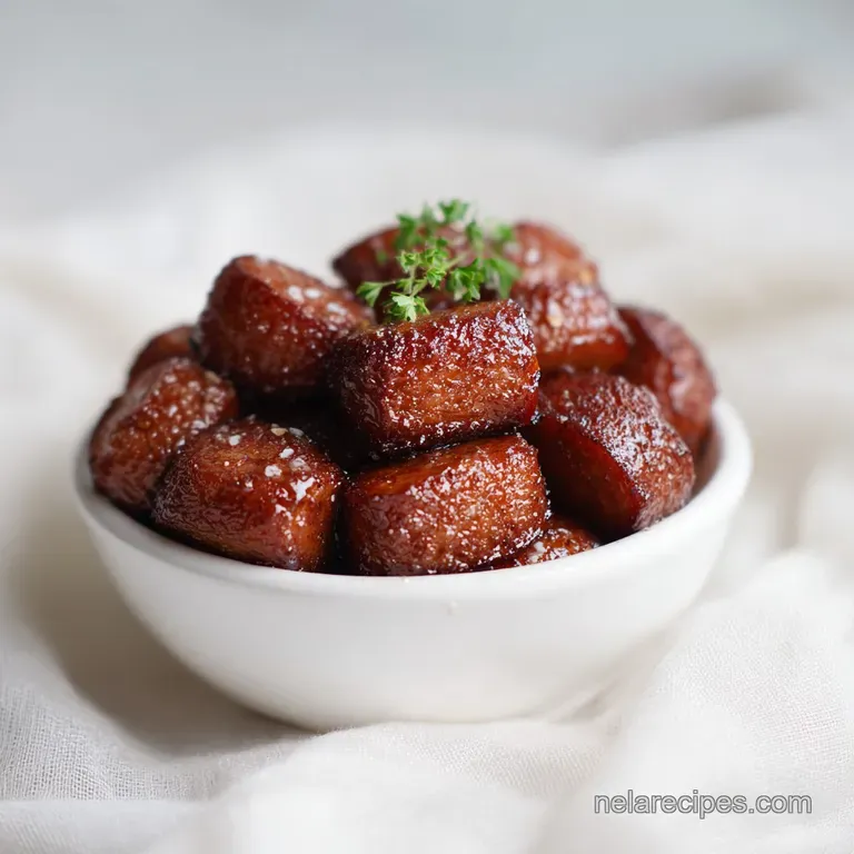 Skewered kielbasa bites, lightly browned and glistening, artfully arranged with a sprinkle of fresh herbs.