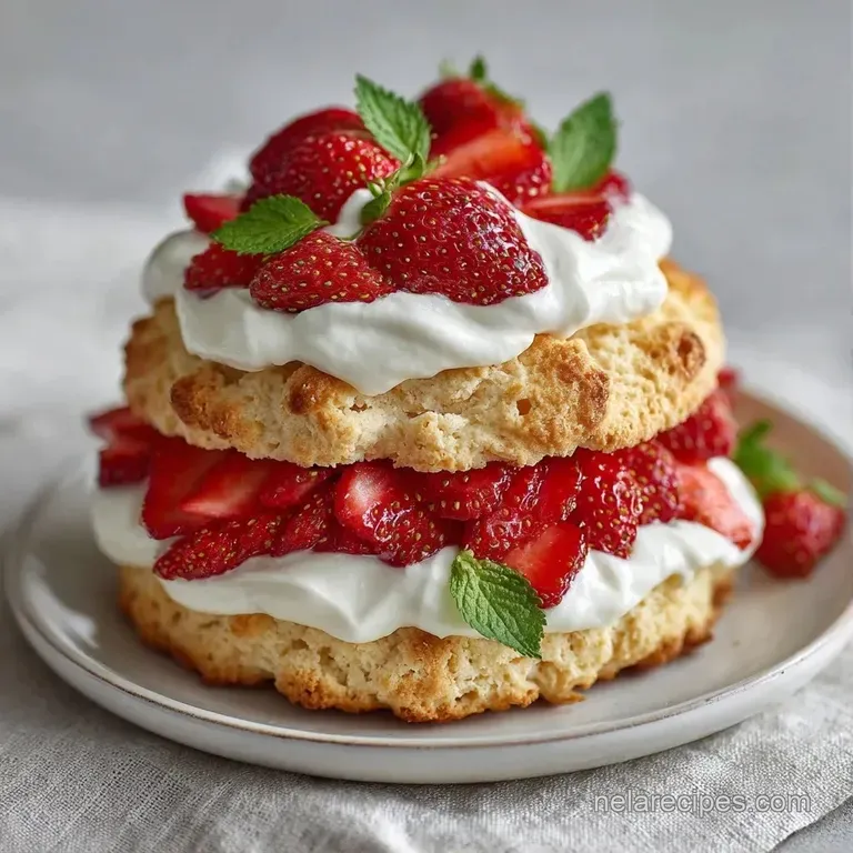 Slices of tender golden biscuits layered with vibrant red berries and swirls of cream on a white ceramic plate.