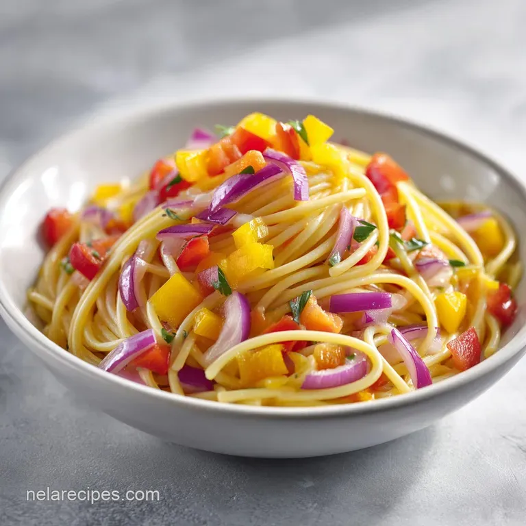 Elegant scoop of creamy pasta salad with bright vegetables on a modern plate, garnished with a sprig of parsley.