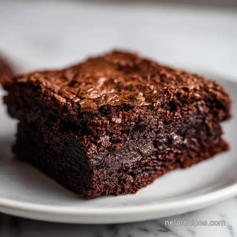 A single fudgy brownie square artfully placed on a white plate, dusted with cocoa powder and a few raspberries.