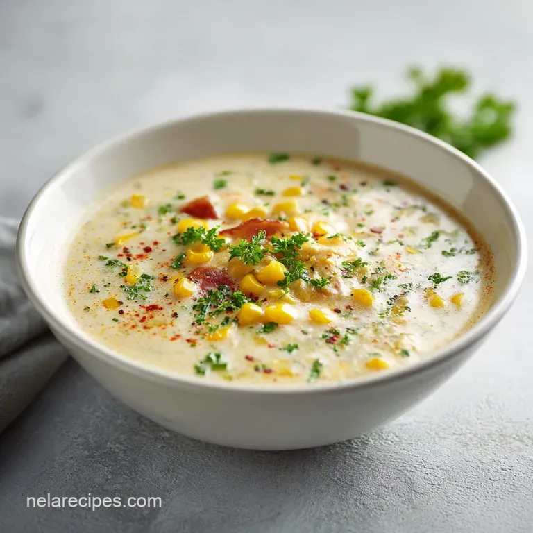 A comforting bowl of creamy chicken corn chowder, artfully garnished with fresh parsley and a sprinkle of black pepper.