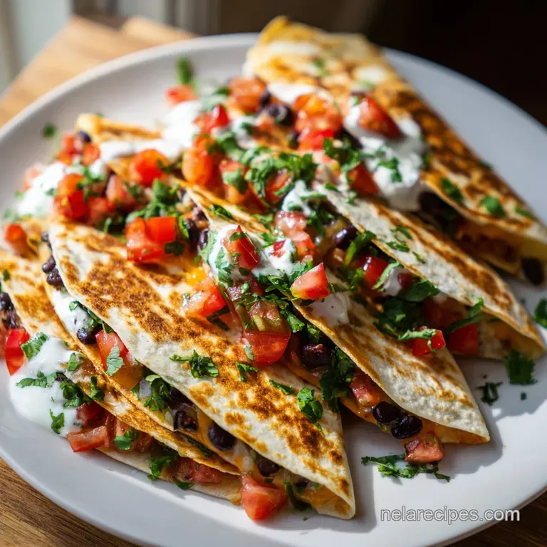 A wedge of cheesy black bean quesadilla artfully plated, drizzled with vibrant crema and a sprinkle of fresh cilantro.