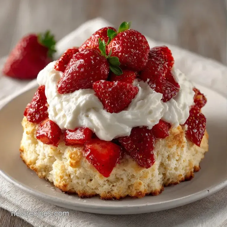 Elegant slices of golden cake layered with glossy red strawberries and swirls of thick, white whipped cream.