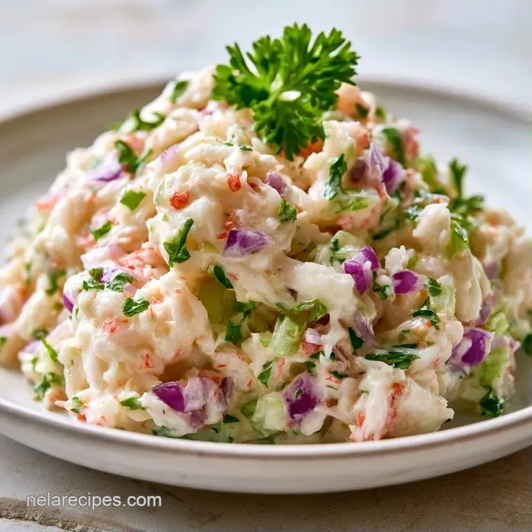 Neatly scooped mounds of creamy seafood salad on a white plate, garnished with fresh parsley and a lemon wedge.