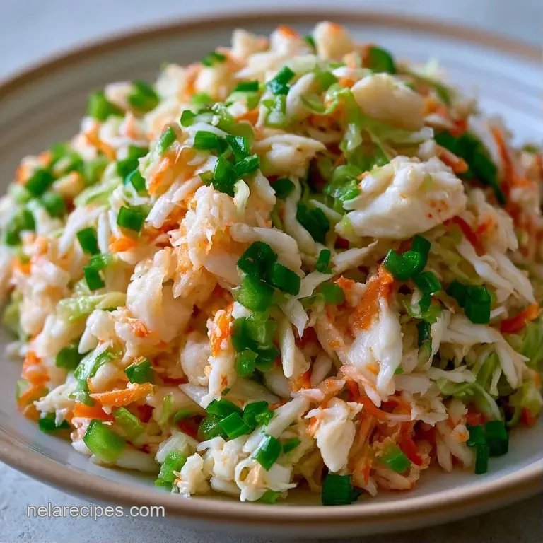 Elegant scoop of creamy white seafood salad on a crisp lettuce leaf with a sprig of fresh dill and lemon wedge.