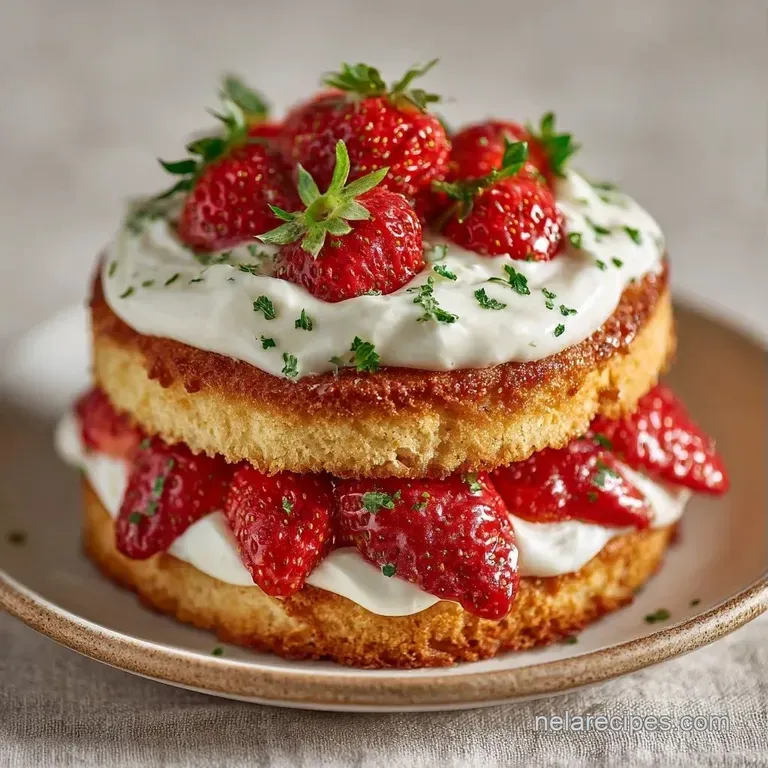 Golden-brown buttery biscuits layered with macerated red berries and dollops of fluffy white cream on a white platter.