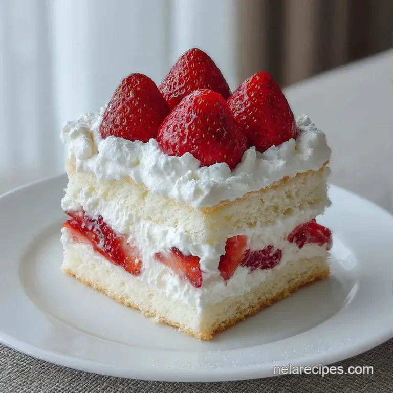 A slice of light sponge cake layered with whipped cream and red berries, presented on a porcelain dessert plate.