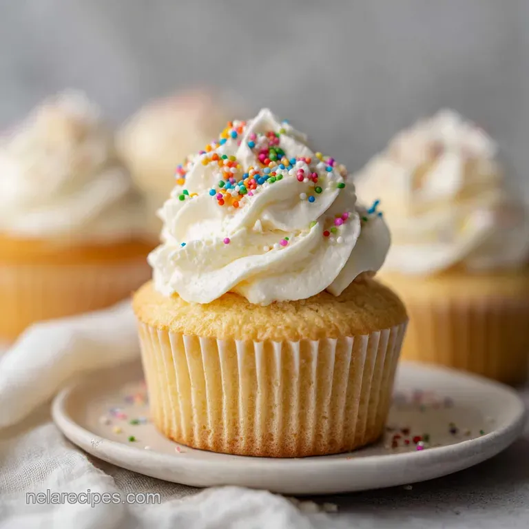A single, perfectly swirled vanilla cupcake topped with a dollop of creamy white frosting and a sprinkle of edible gold.