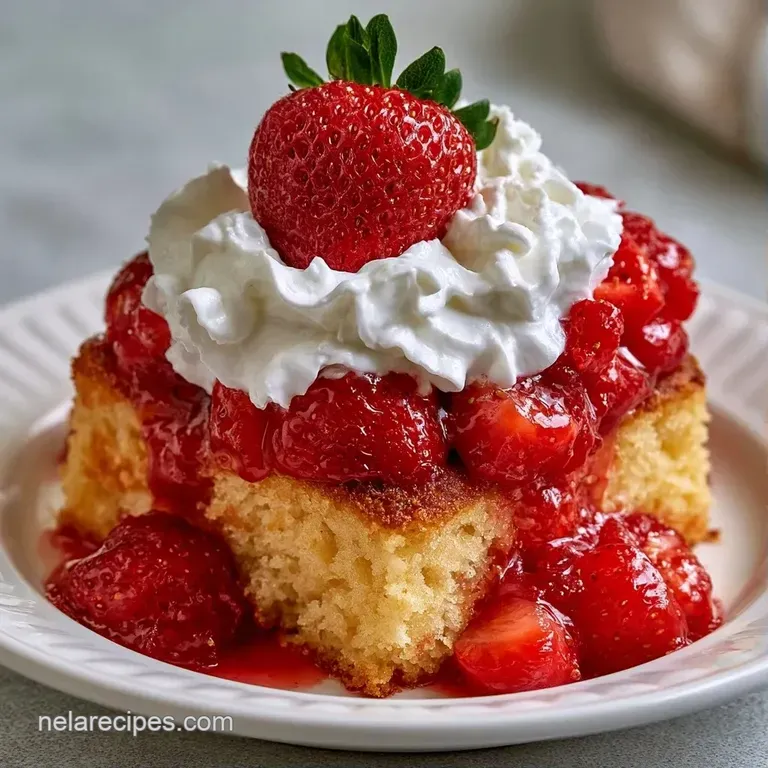 Slices of buttery shortcake topped with swirls of white cream and glazed red strawberries on a ceramic plate.