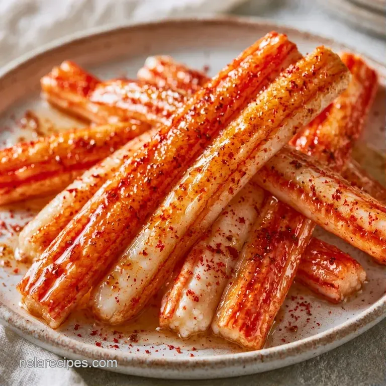 Saut&eacute;ed seafood strips glistening in melted butter, arranged neatly on a ceramic plate with a lemon wedge slice.