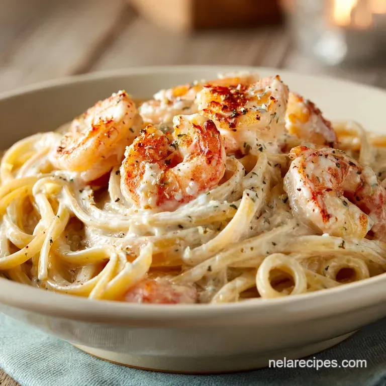 Elegant swirl of silky pasta topped with seared pink shrimp and fresh herbs in a minimal white ceramic bowl