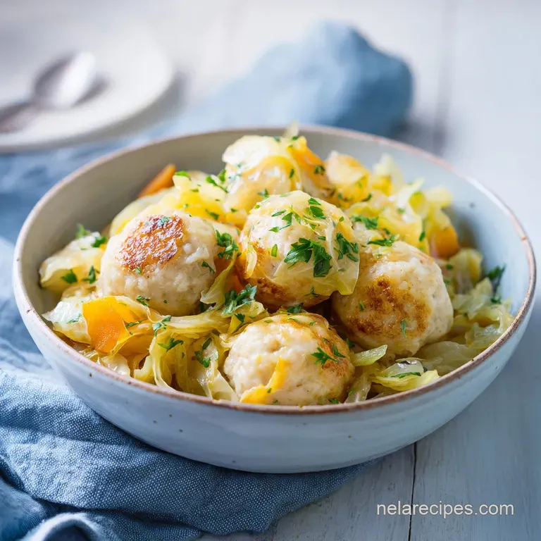 A single serving of soft, pale green cabbage topped with a perfectly round, browned dumpling, elegantly presented.