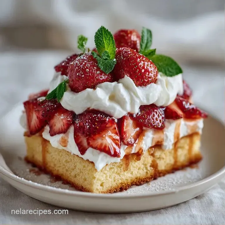 A neat square slice of fluffy cake topped with a thick cloud of cream and bright red berries on a white plate.