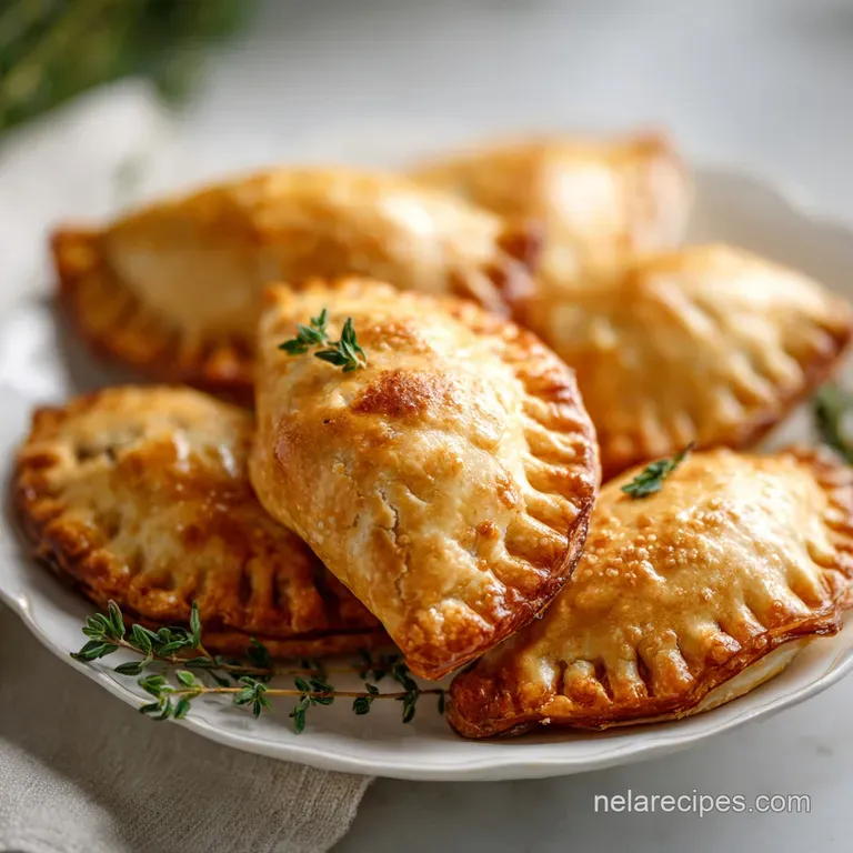 Three golden pastry pockets on a white ceramic plate, paired with a small bowl of creamy dipping sauce and parsley.