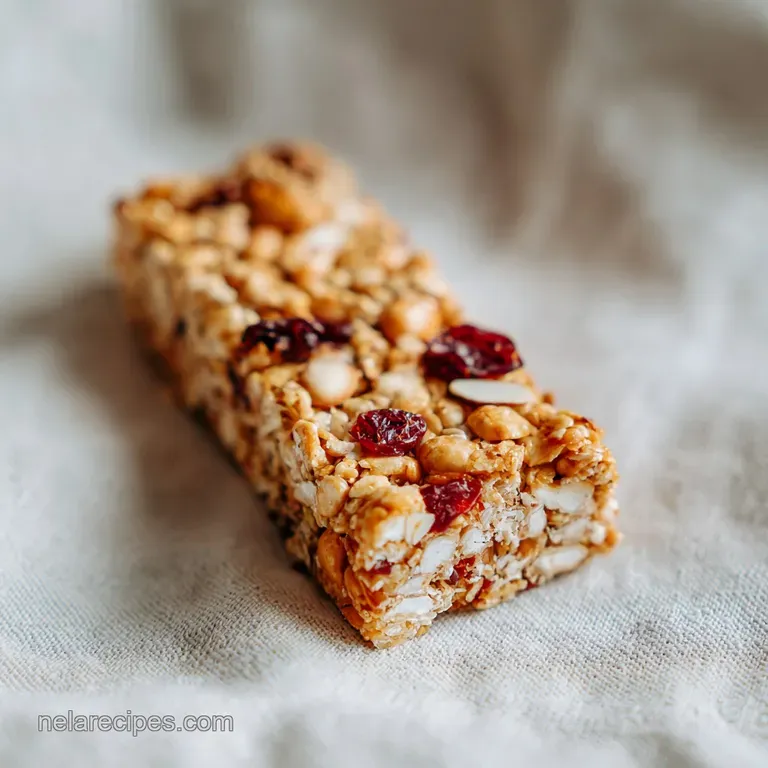 A single hearty oat bar topped with vibrant dried cranberries and a drizzle of honey.