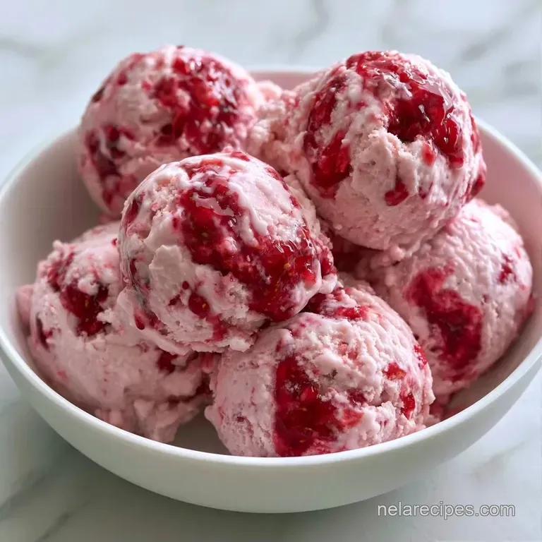 Two scoops of pale pink ice cream topped with a sliced fresh strawberry and mint leaf on a white ceramic plate.