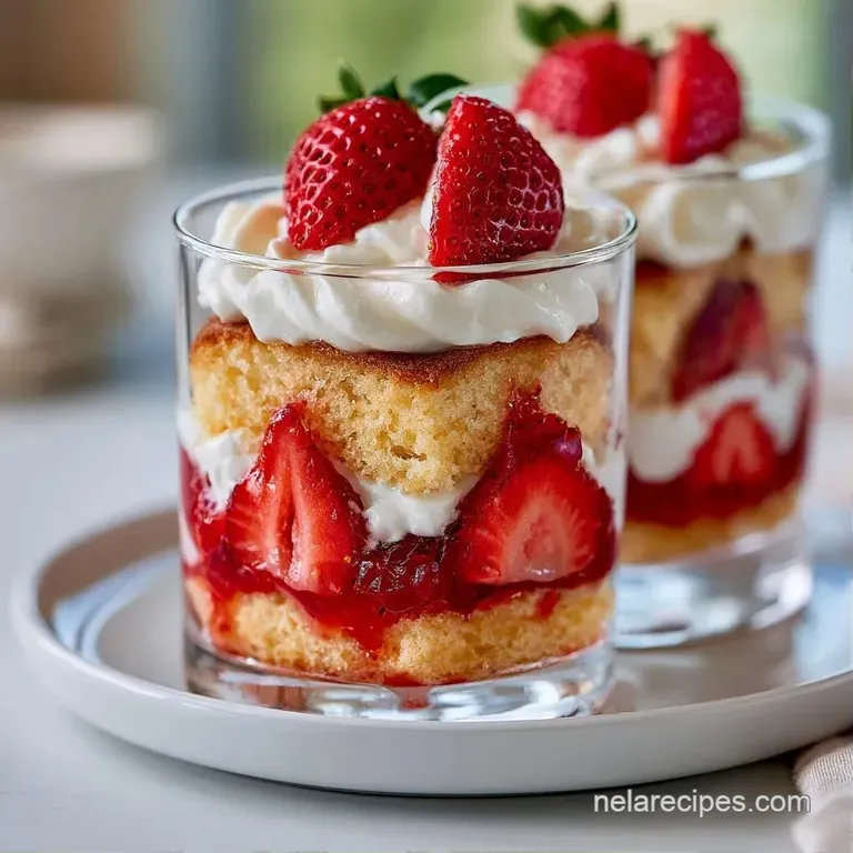 Elegant glass cups showing distinct layers of white whipped cream, bright red strawberries, and buttery cake crumbles.