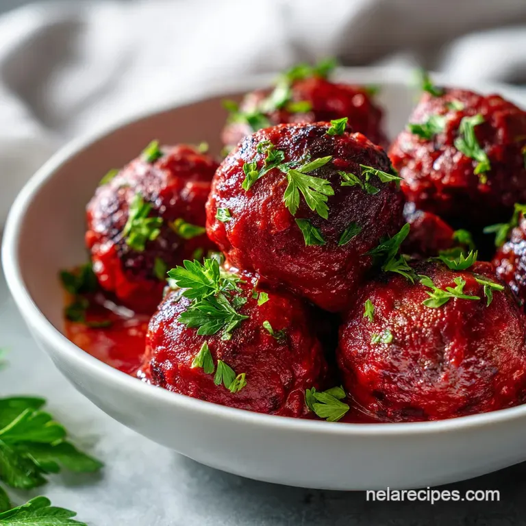 Three browned meatballs in a shallow white bowl of savory red sauce, garnished with a sprig of basil and parmesan.