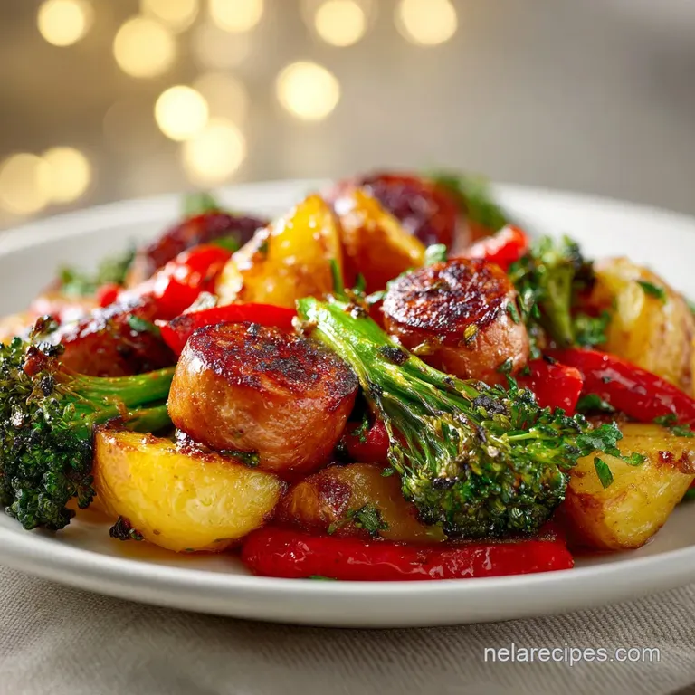 Elegant white plate with browned sausage coins, colorful roasted vegetables, and a fresh sprinkle of green parsley.