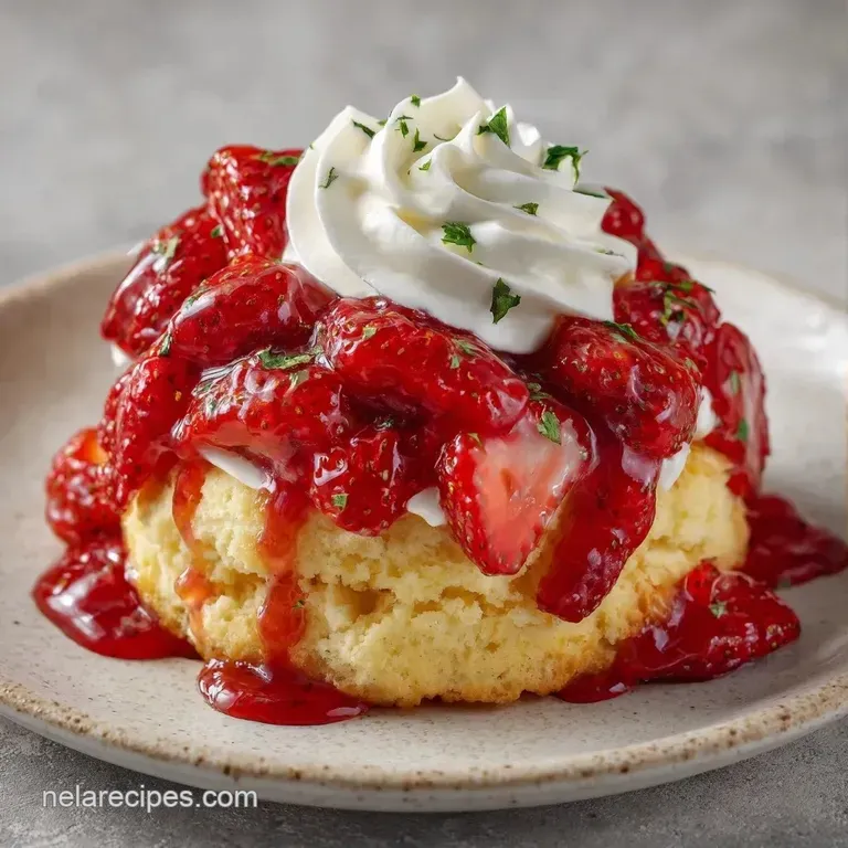 A fluffy buttery biscuit topped with a cloud of white cream and glistening, macerated bright red strawberries.