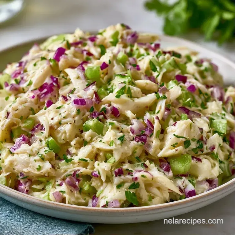 A neat scoop of creamy seafood salad garnished with a fresh lemon wedge and parsley on a white ceramic plate.