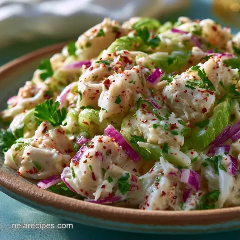 Elegant scoop of creamy seafood salad on a crisp lettuce leaf, garnished with a lemon slice on a white ceramic plate.