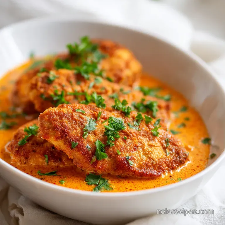Seared chicken breast topped with a rich, velvety cream sauce and sun-dried tomatoes on a clean white ceramic plate.