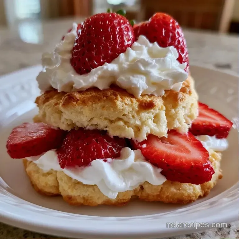 Dainty golden pastry rounds topped with whipped cream peaks and glistening red berries on a white marble slab.