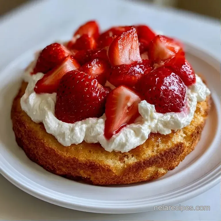 Three elegant layers of buttery biscuit and vibrant red strawberries on a white ceramic plate with a mint leaf.