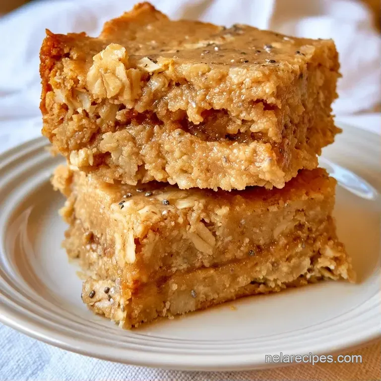 Neatly sliced golden nut bars stacked on a white ceramic plate, accented by a dusting of cinnamon and sea salt.