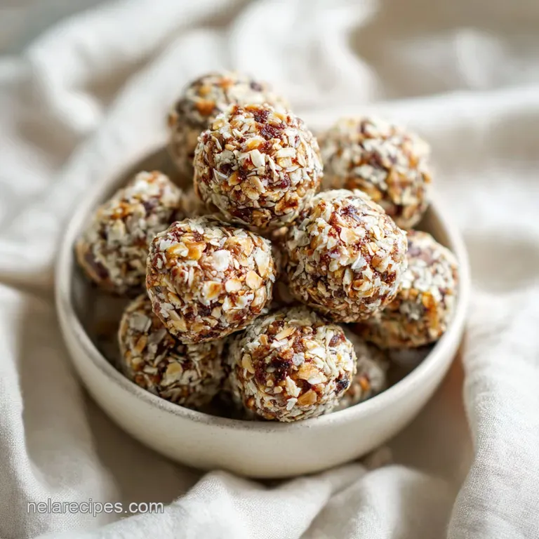 A neat stack of energy bites on a white plate, showcasing their chewy texture and speckled appearance.