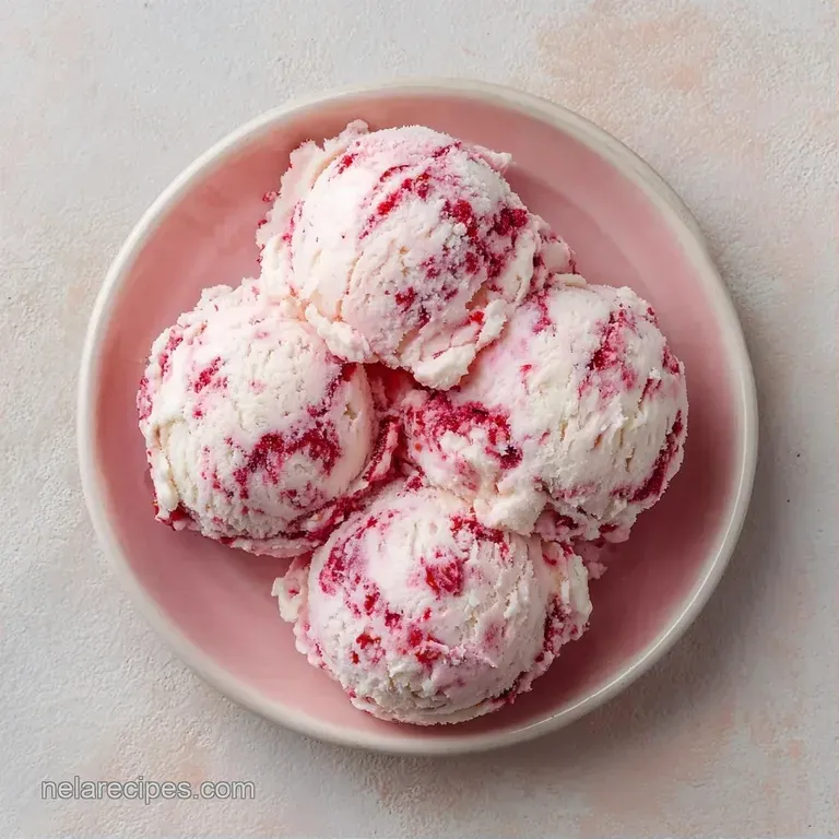 Three pale pink frozen scoops topped with a fresh strawberry slice and buttery cake crumbs on a white ceramic plate.