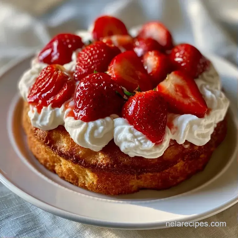 Sliced sponge cake layered with thick whipped cream and fresh berries on a minimalist white plate with a silver fork.